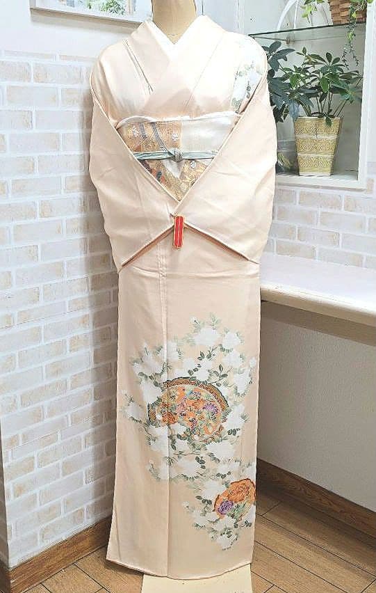 ペールオレンジ草花訪問着と袋帯・帯揚げ帯締めの4点フルセット