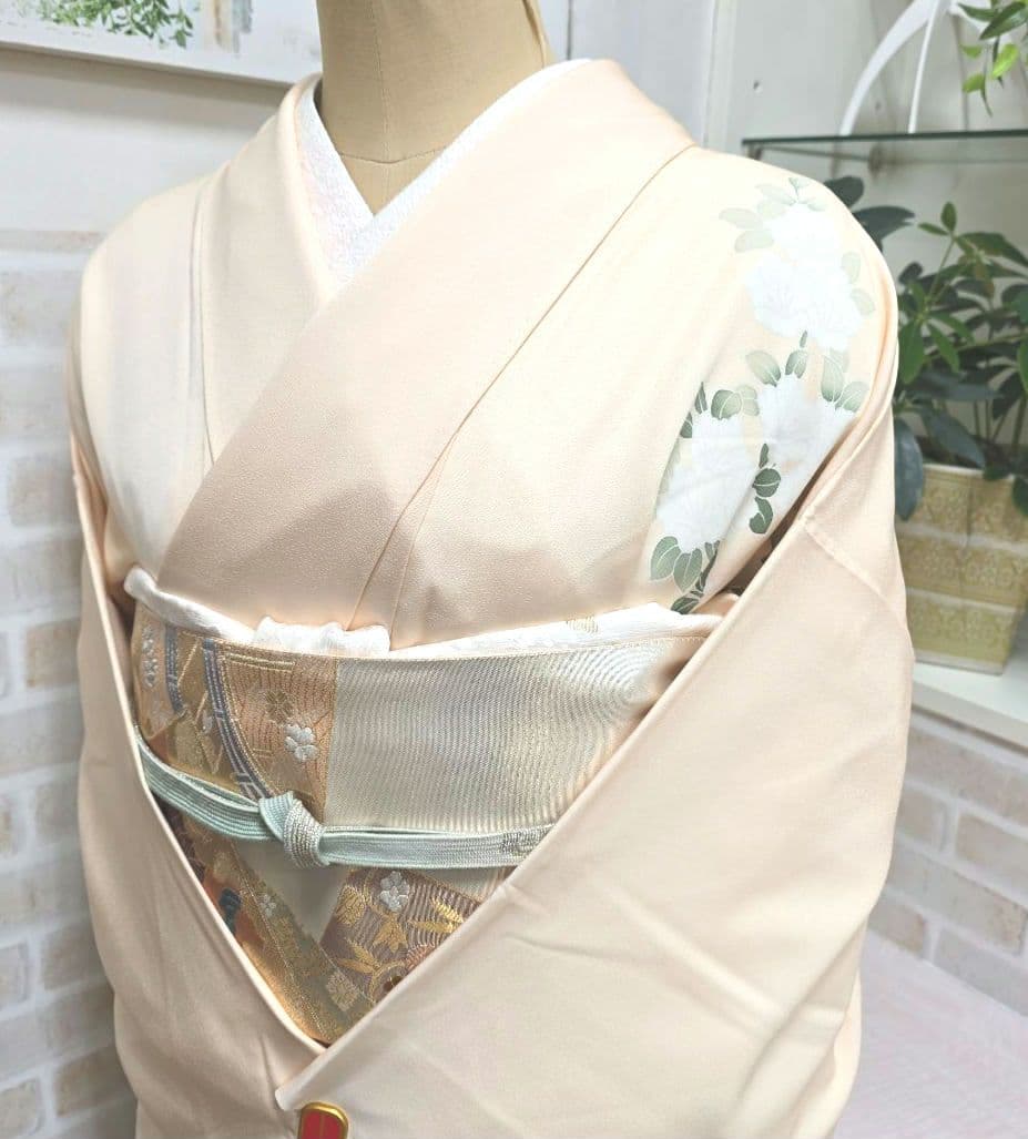 ペールオレンジ草花訪問着と袋帯・帯揚げ帯締めの4点フルセット