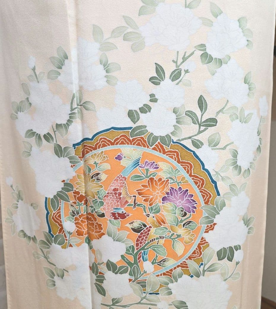 ペールオレンジ草花訪問着と袋帯・帯揚げ帯締めの4点フルセット