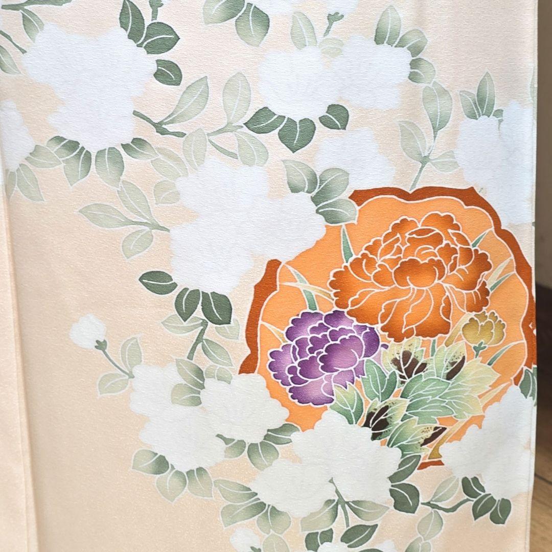 ペールオレンジ草花訪問着と袋帯・帯揚げ帯締めの4点フルセット