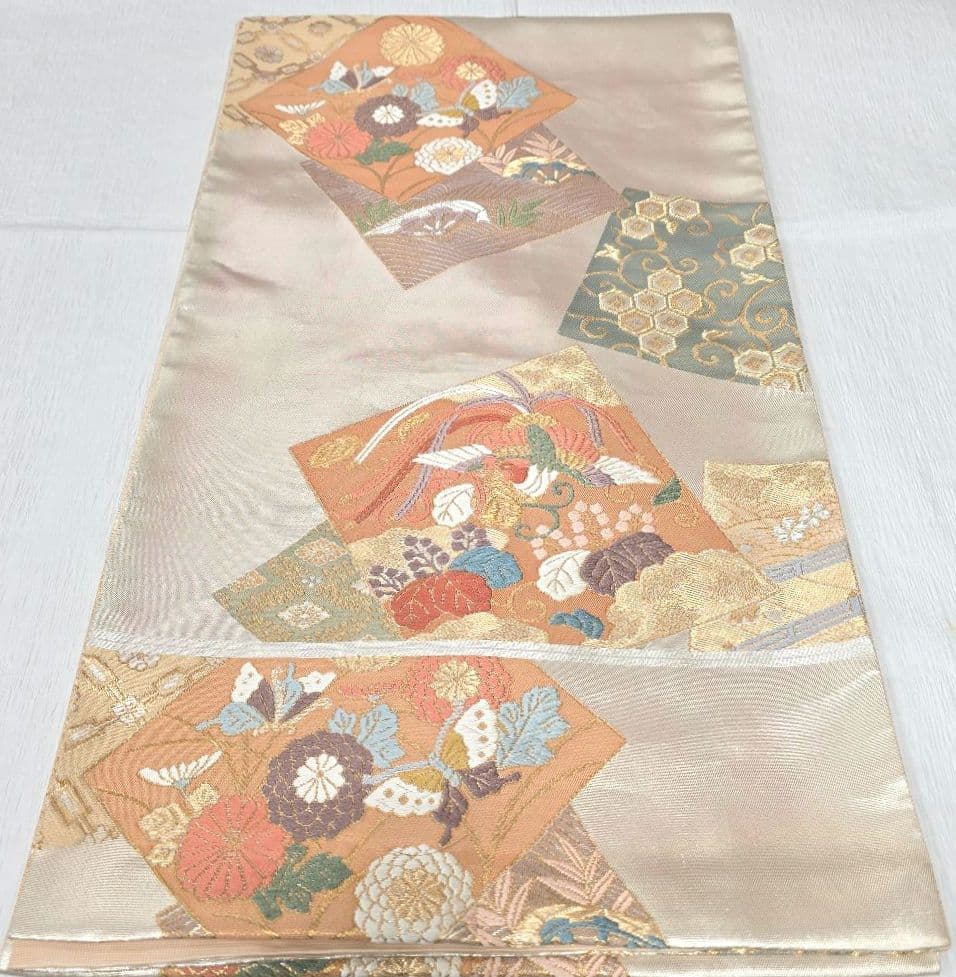 ペールオレンジ草花訪問着と袋帯・帯揚げ帯締めの4点フルセット