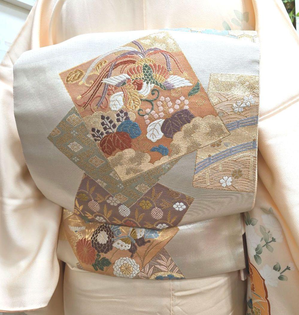 ペールオレンジ草花訪問着と袋帯・帯揚げ帯締めの4点フルセット