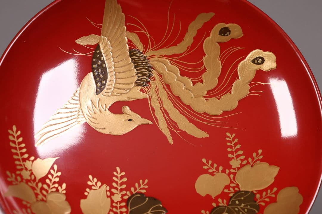 【CM243】時代木製漆器 桐鳳凰・菊 金蒔絵 朱塗 引盃 五客 木製漆器 小皿