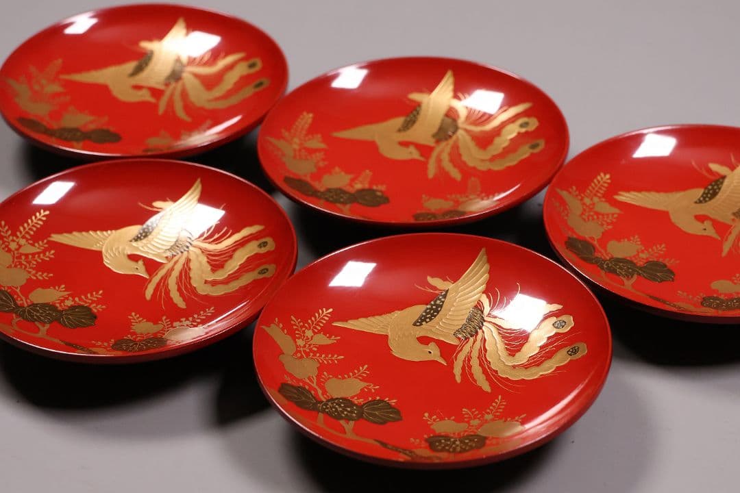 【CM243】時代木製漆器 桐鳳凰・菊 金蒔絵 朱塗 引盃 五客 木製漆器 小皿