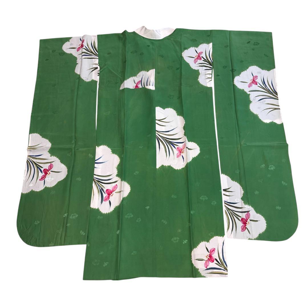 (あ867)振袖用長襦袢㊗️絞り染め 落ち着いた若草色 花模様は手描き✨