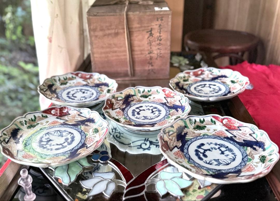 K様へ感謝お嫁入り‼️降誕祭‼️GOLD伊万里錦手帆かけ舟❌山水❌米俵八寸皿6客