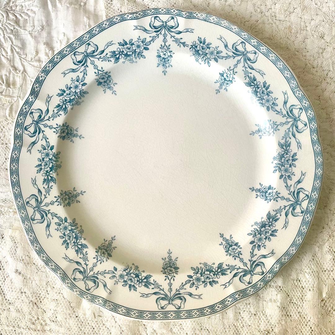 エミールブルジョワ窯ブルーリボンのガーランドプレート　平皿　フランスアンティーク