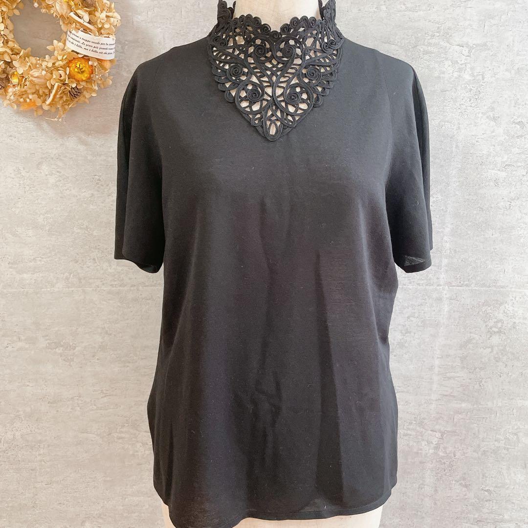 美品/希少/Christian Dior /刺繍ネック/黒/カットソー/半袖/