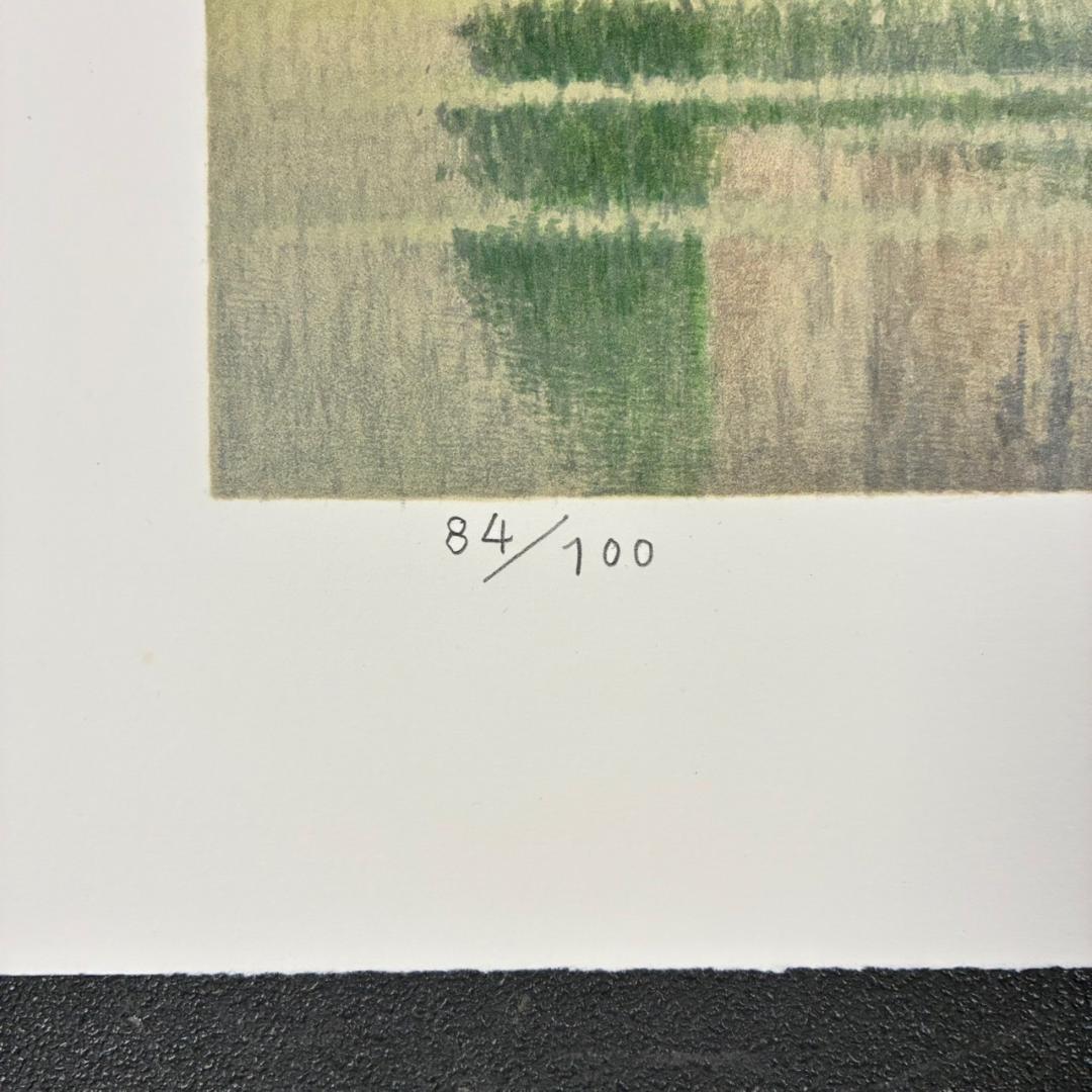 美品 西村龍介「湖の館」リトグラフ 直筆サイン入り 証明シール有 お洒落な額装