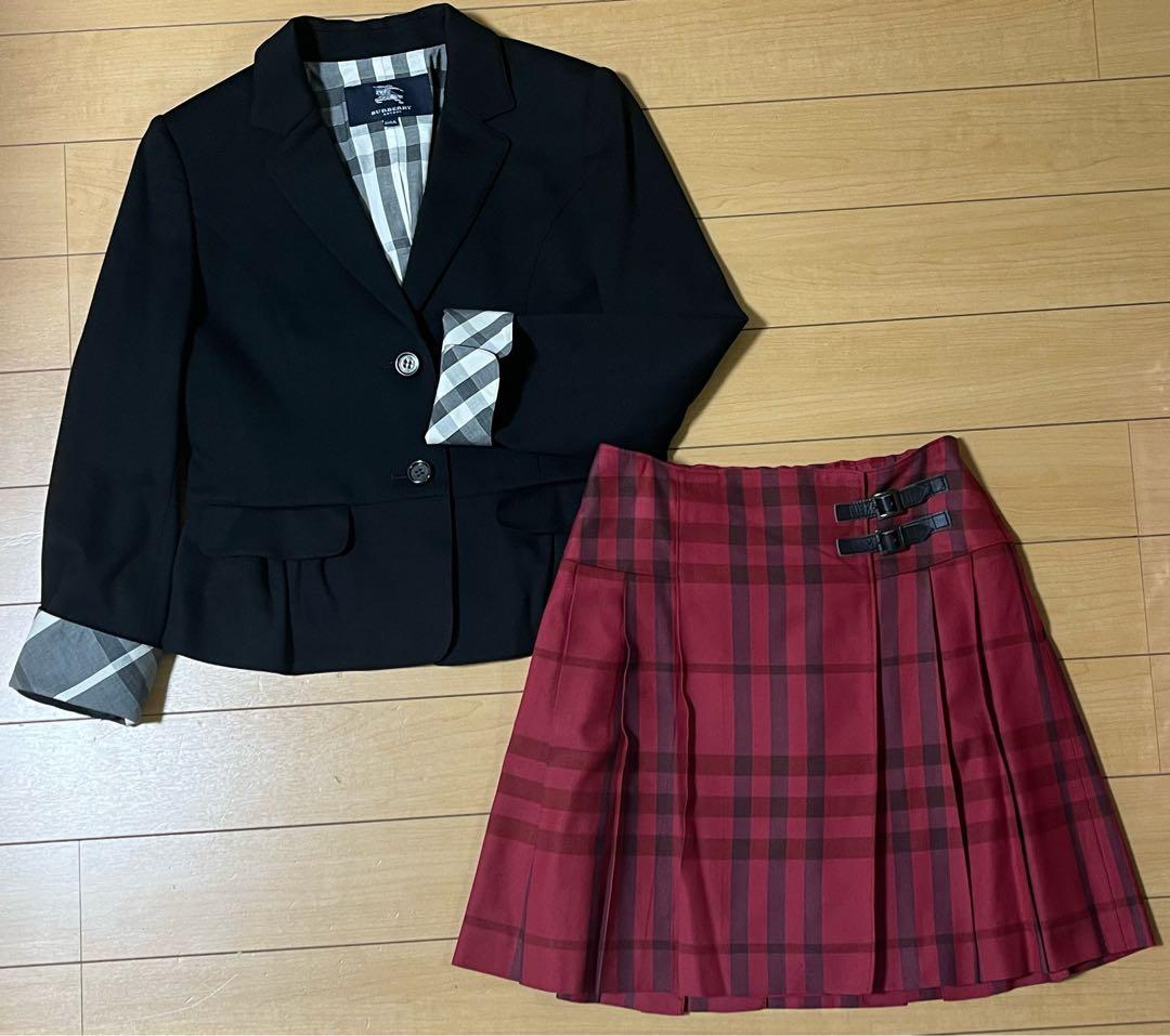 【美品】Burberryバーバリー160A スーツ　赤チェック　リボン付き