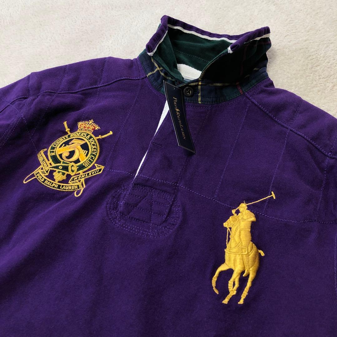 タグ付　ラルフローレン　長袖ラガーシャツ　ビッグポニー刺繍ロゴ　パープル　90s