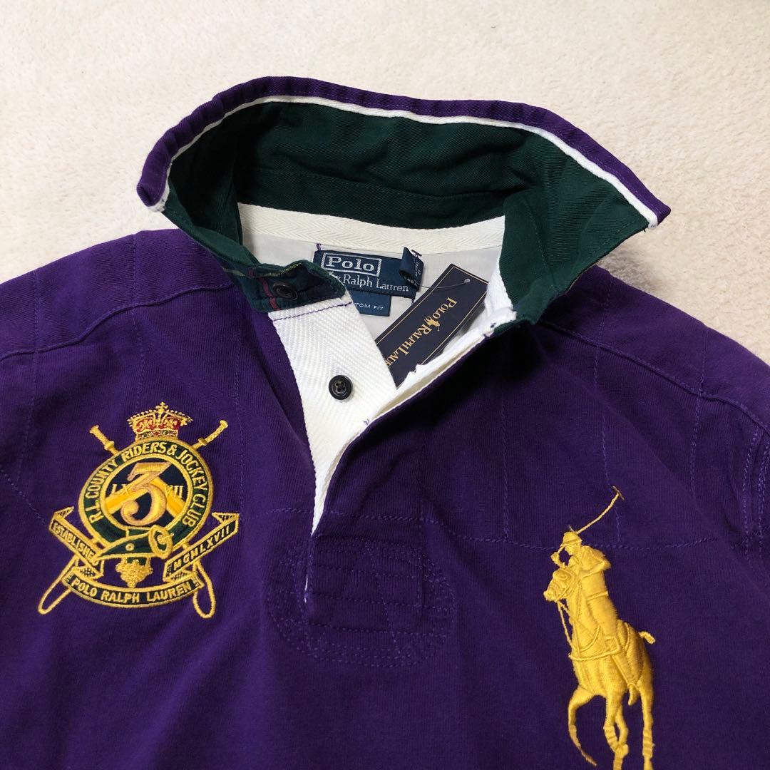 タグ付　ラルフローレン　長袖ラガーシャツ　ビッグポニー刺繍ロゴ　パープル　90s