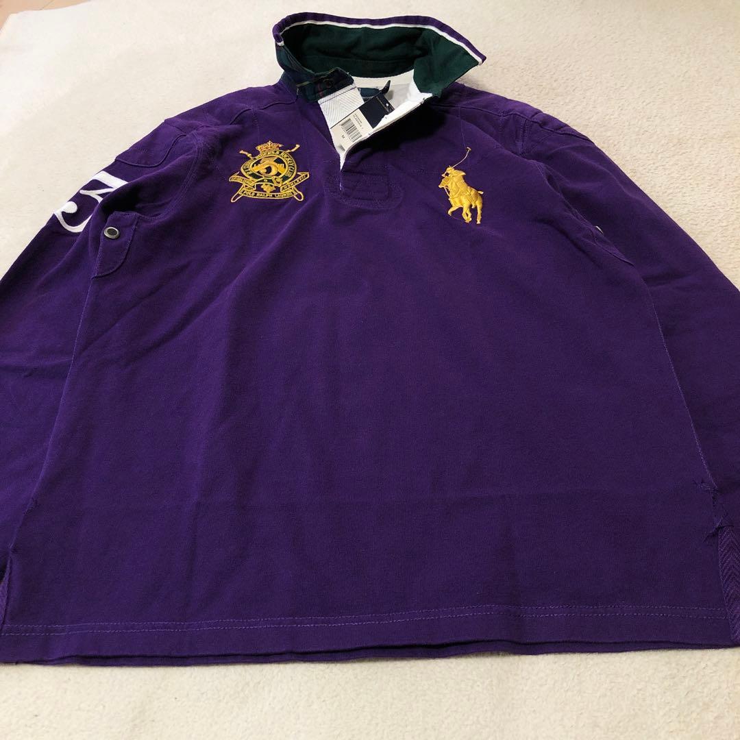 タグ付　ラルフローレン　長袖ラガーシャツ　ビッグポニー刺繍ロゴ　パープル　90s