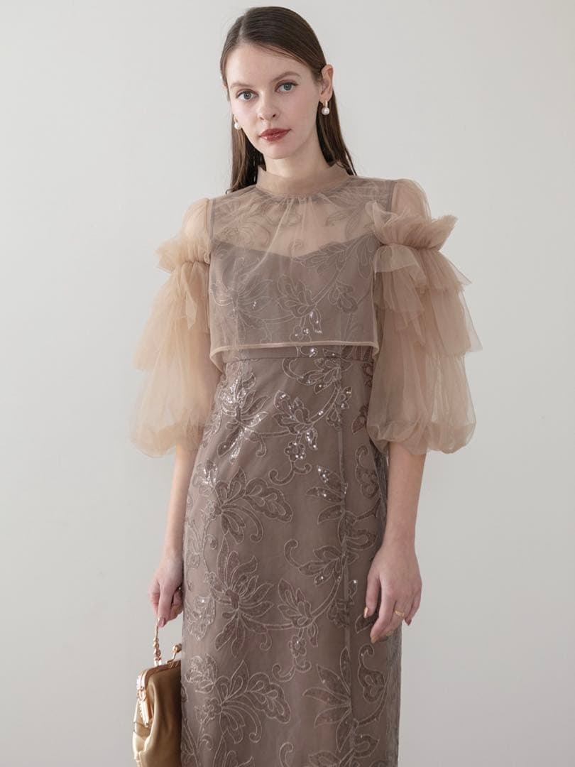 フリルチュールスパンコールフローラルIラインワンピースドレス結婚式二次会成人式