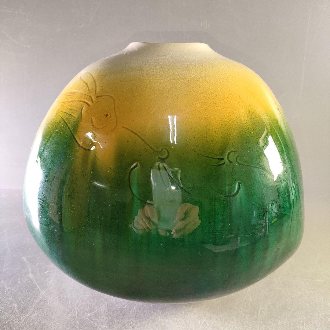 A1255-1/秋塘窯/五代中村雅彦 造/彩釉兎文花器/共箱/花瓶/花入/華道具