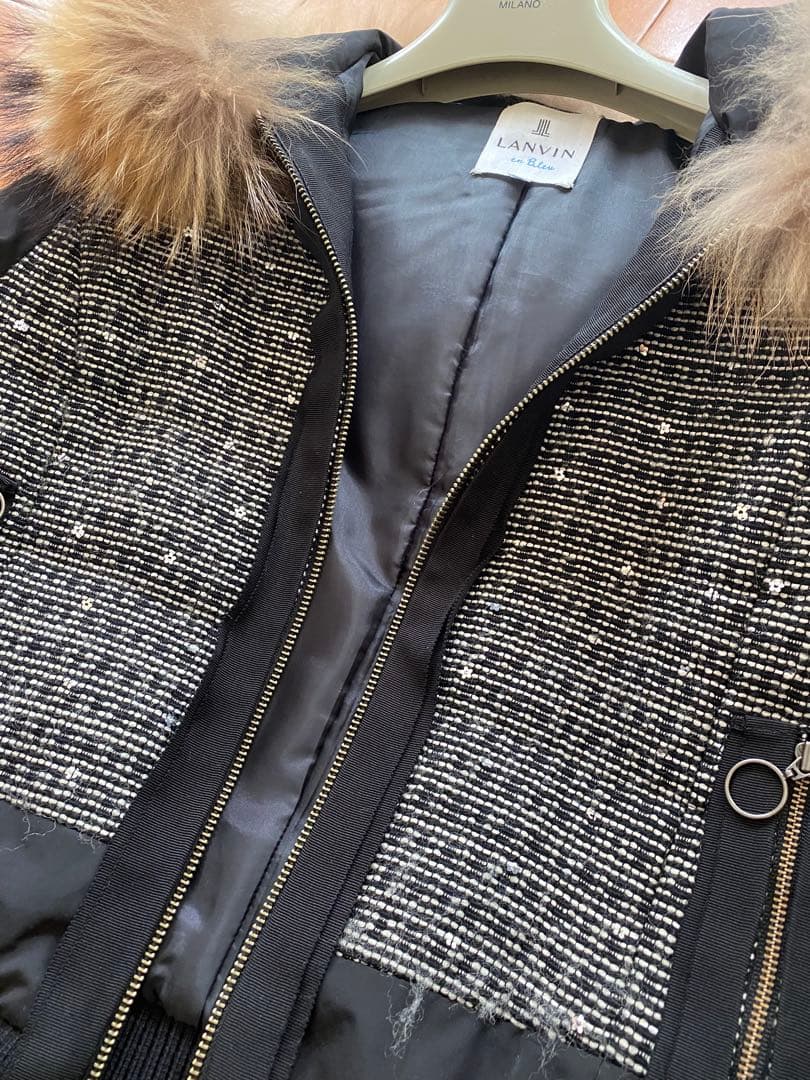 ランバンオンブルー♡お花スパンコール♡ツイード中綿ブルゾン♡ラクーンファー♡36