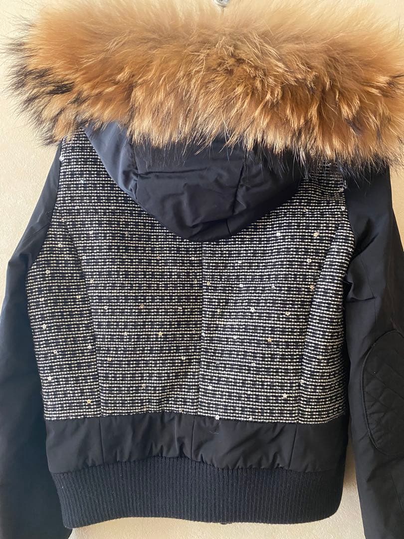 ランバンオンブルー♡お花スパンコール♡ツイード中綿ブルゾン♡ラクーンファー♡36