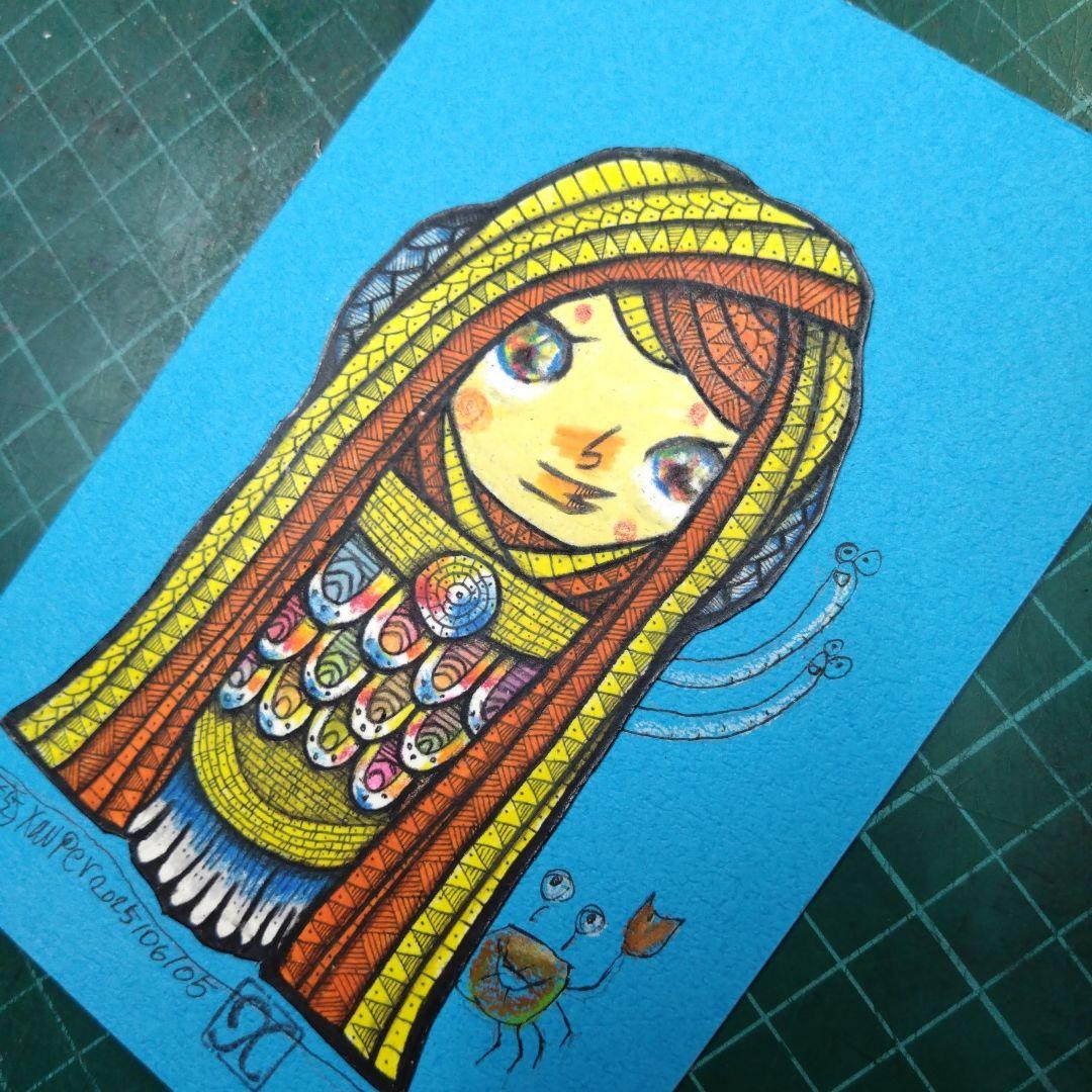 【ザビちゃん】【原画肉筆】疫病退散・アマビエさま・巫女さま風