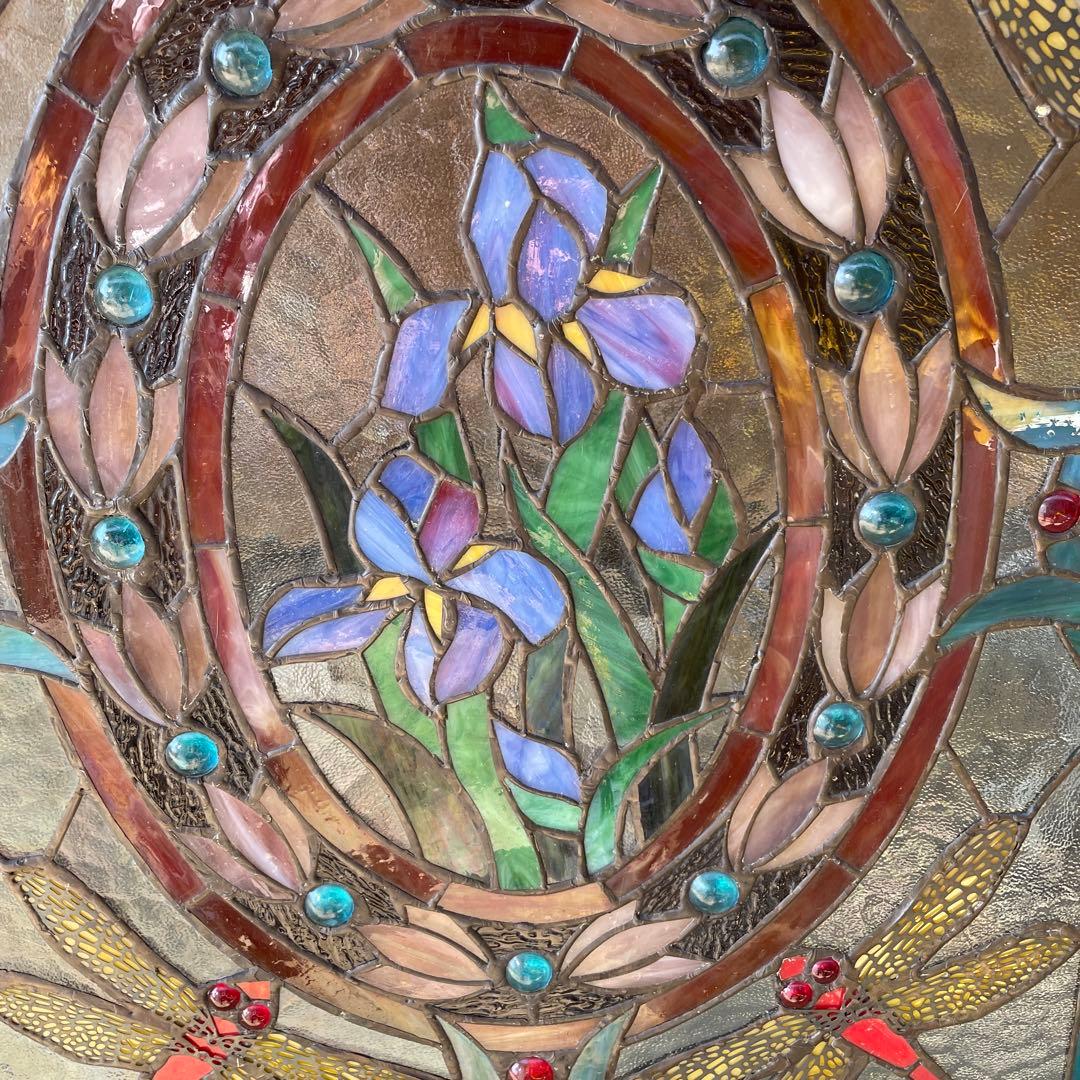 ハ*8様 ステンドグラス パネル 花とトンボ 約72×57cm 壁掛け オブジェ