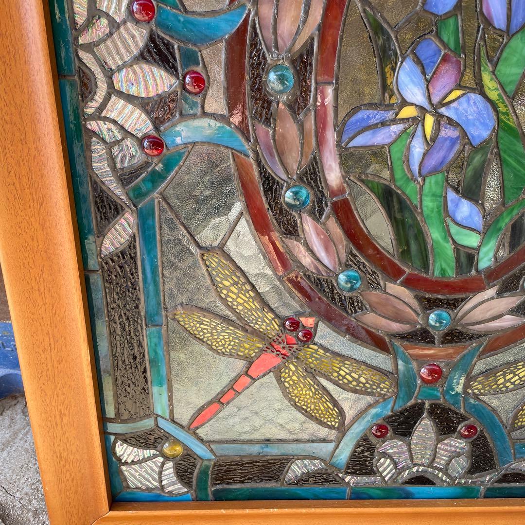 ハ*8様 ステンドグラス パネル 花とトンボ 約72×57cm 壁掛け オブジェ