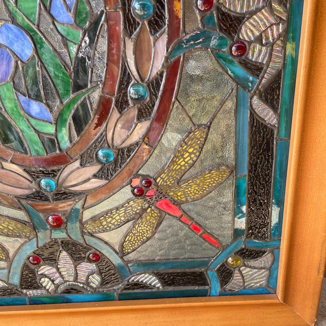 ハ*8様 ステンドグラス パネル 花とトンボ 約72×57cm 壁掛け オブジェ