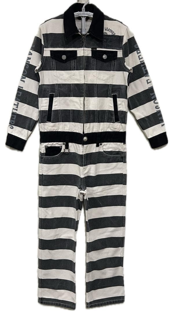 ＊VANSON バック刺繍 囚人 ボーダー つなぎ オールインワン バイカー S