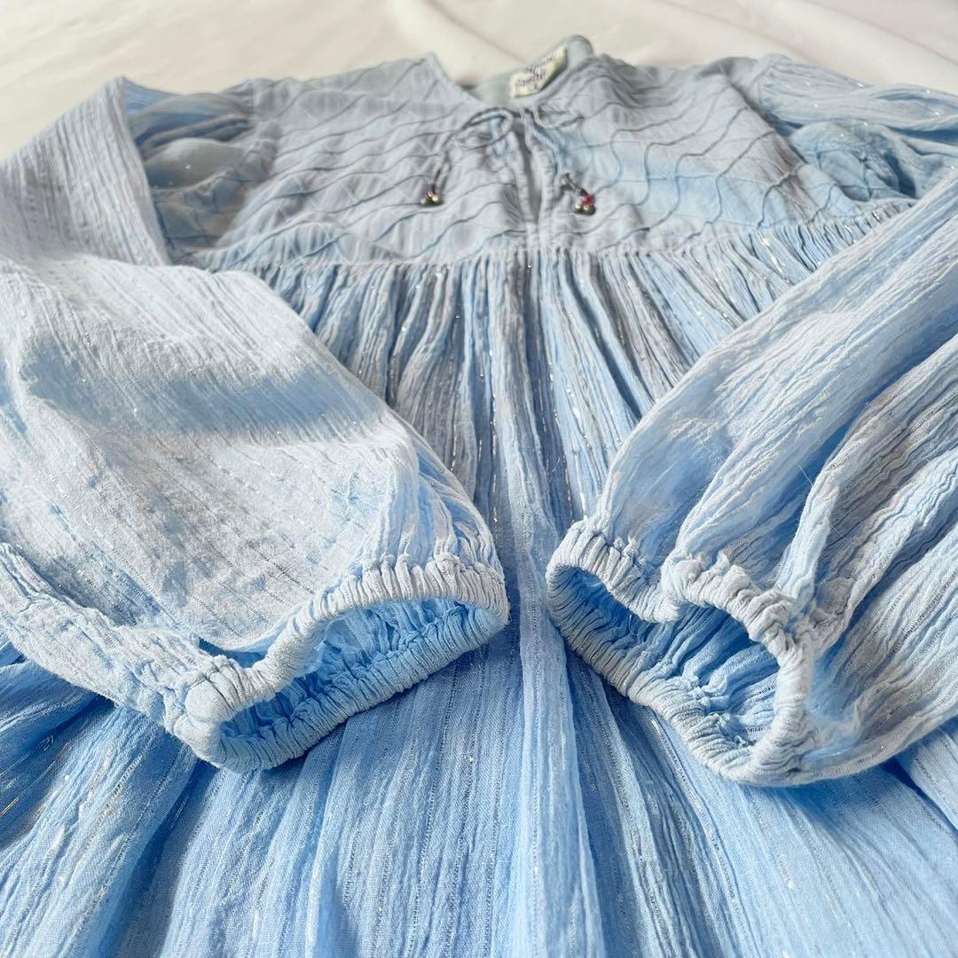 70s vintage インド綿　ブルー　シルバーラメ　ストライプ　ワンピース