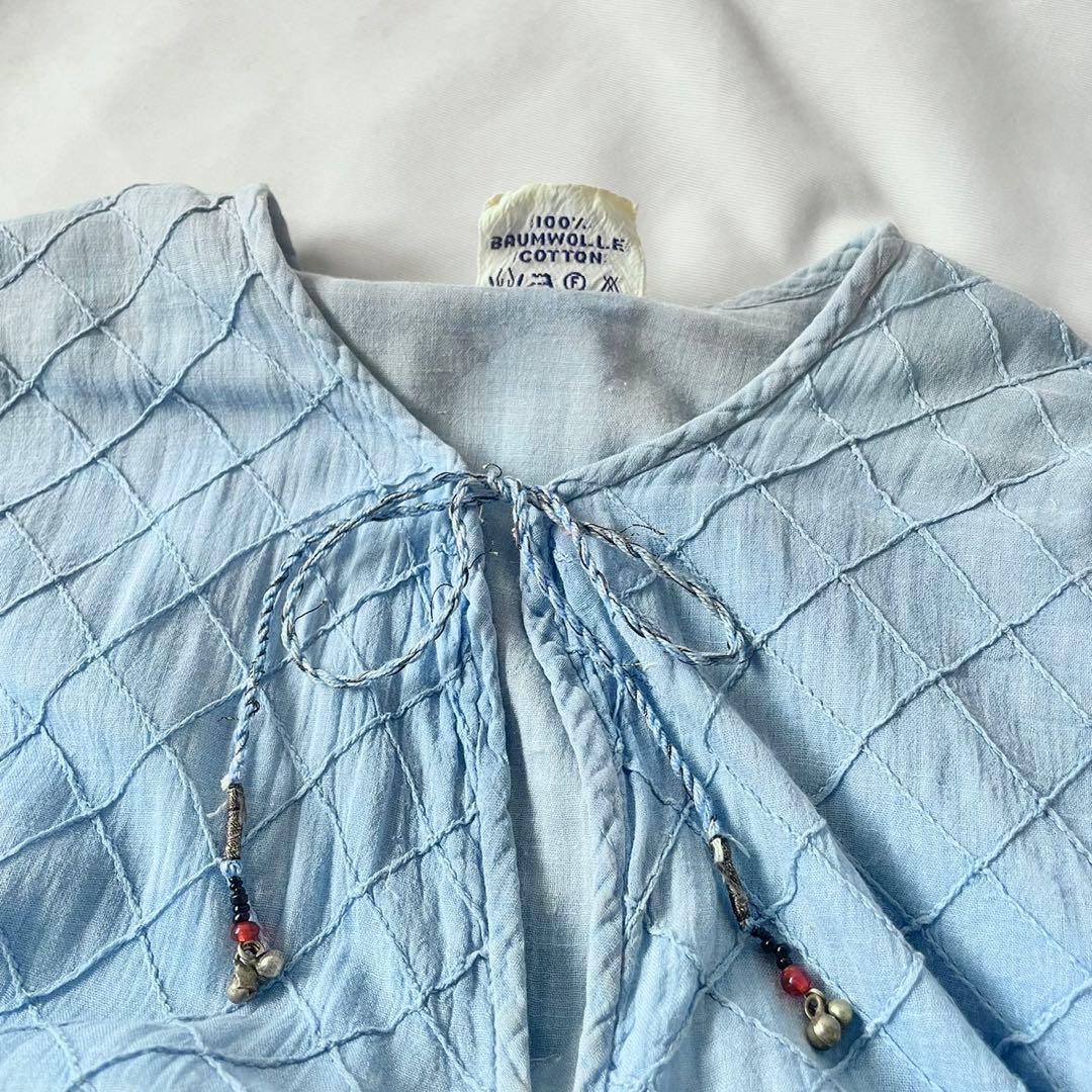 70s vintage インド綿　ブルー　シルバーラメ　ストライプ　ワンピース