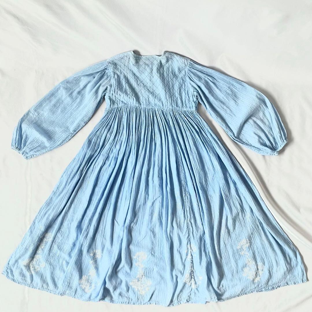 70s vintage インド綿　ブルー　シルバーラメ　ストライプ　ワンピース