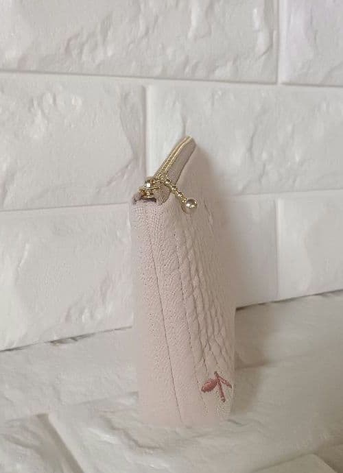 ヌビ バッグ ポーチ 底板 ハンドメイド ベージュピンク×チェリー