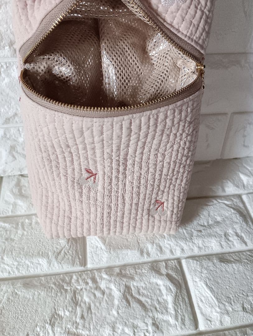 ヌビ バッグ ポーチ 底板 ハンドメイド ベージュピンク×チェリー