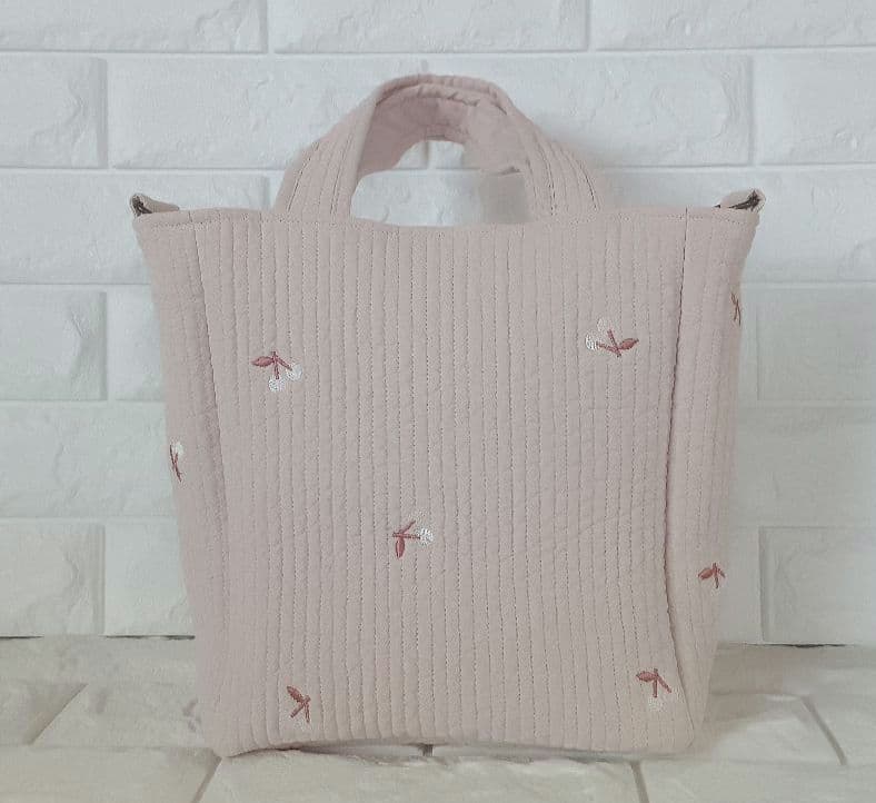 ヌビ バッグ ポーチ 底板 ハンドメイド ベージュピンク×チェリー