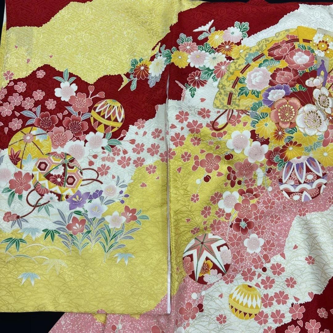 新品正絹産着（お祝着）最高級京友禅伝統多色染、豪華刺繍入り古典四季花王朝扇面毬文