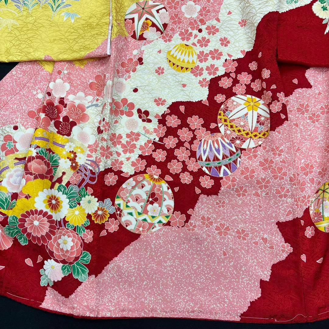 新品正絹産着（お祝着）最高級京友禅伝統多色染、豪華刺繍入り古典四季花王朝扇面毬文