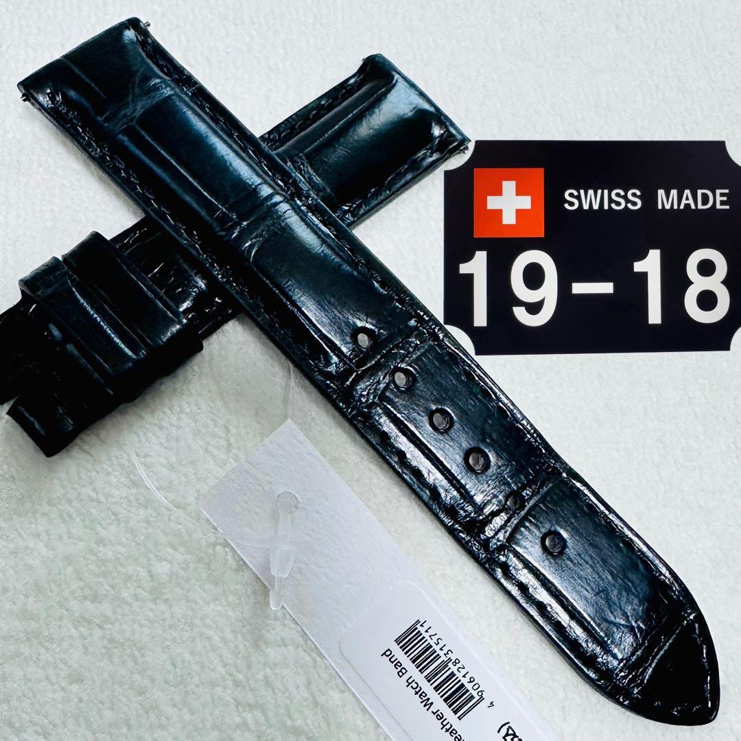2804#19mm-18mmブラック★本物クロコダイルレザーベルト★スイス製