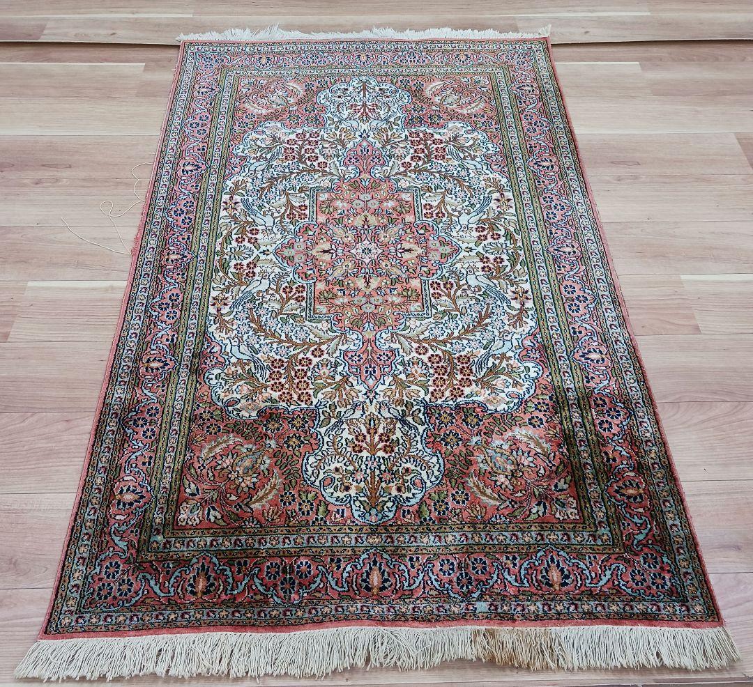 Y3203 インド カシミールシルク 絨毯 手織り 153×94㎝