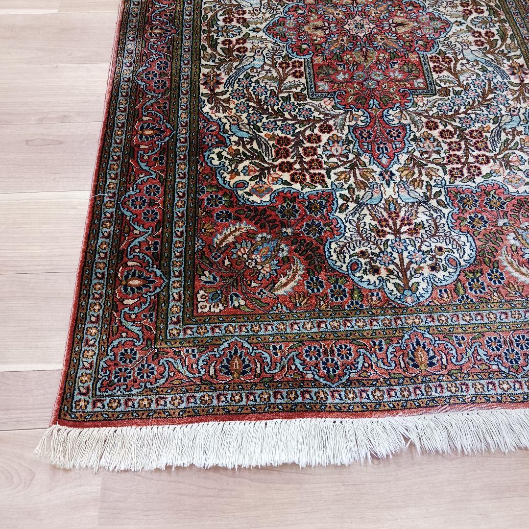 Y3203 インド カシミールシルク 絨毯 手織り 153×94㎝