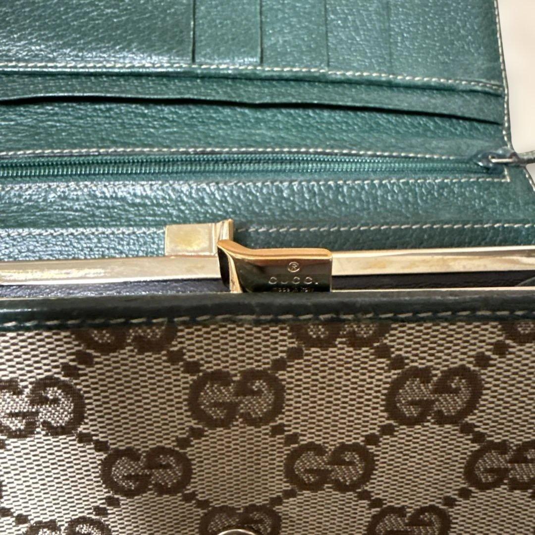 Gucci GGパターン 長財布 グリーン ベージュがま口