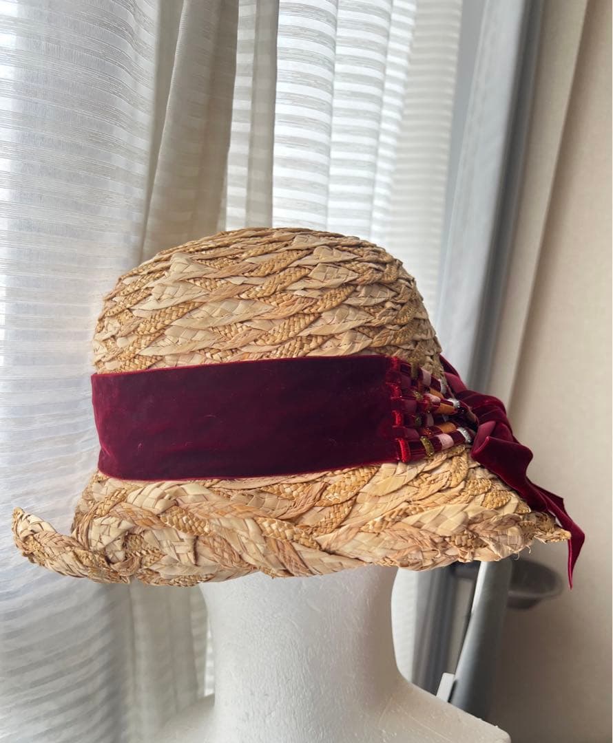 CA4LA 高級麦わら帽子　ストローハット リボン　ベロア　美品