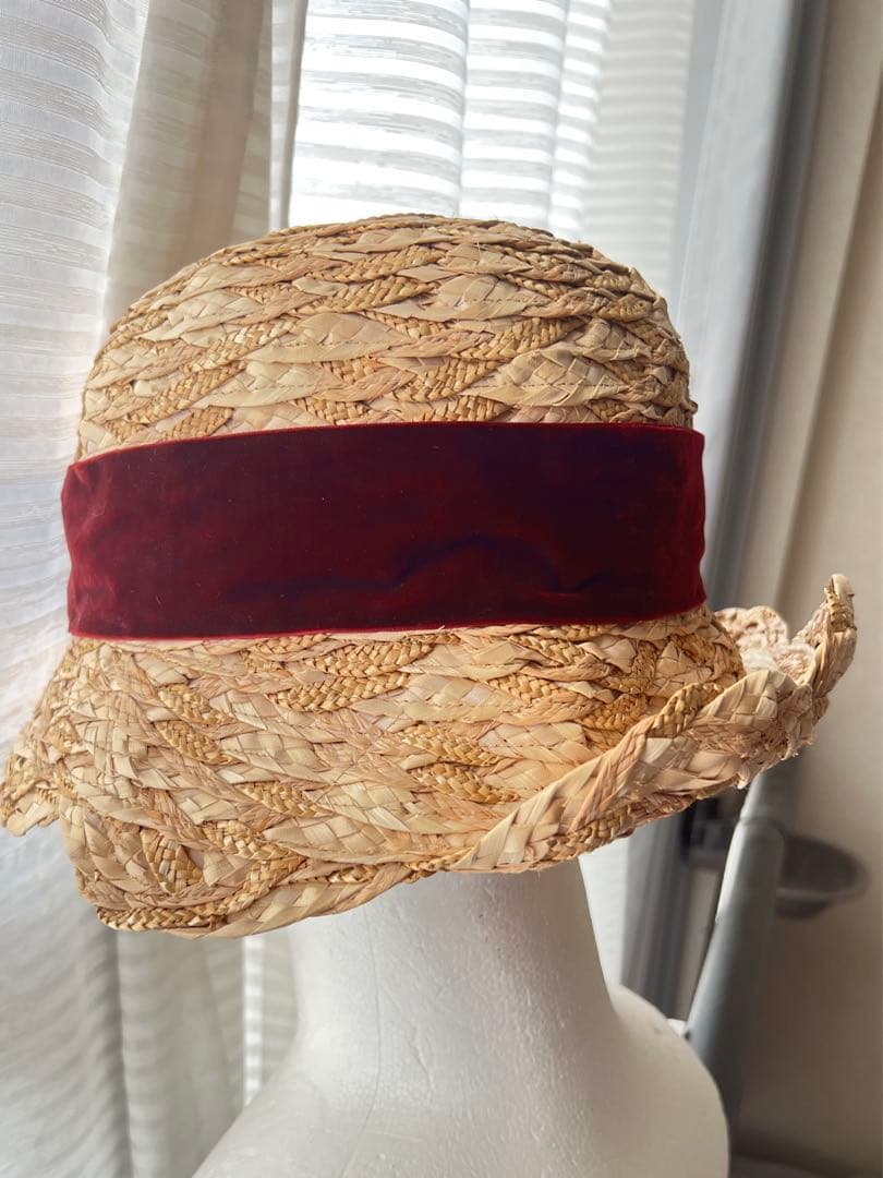 CA4LA 高級麦わら帽子　ストローハット リボン　ベロア　美品