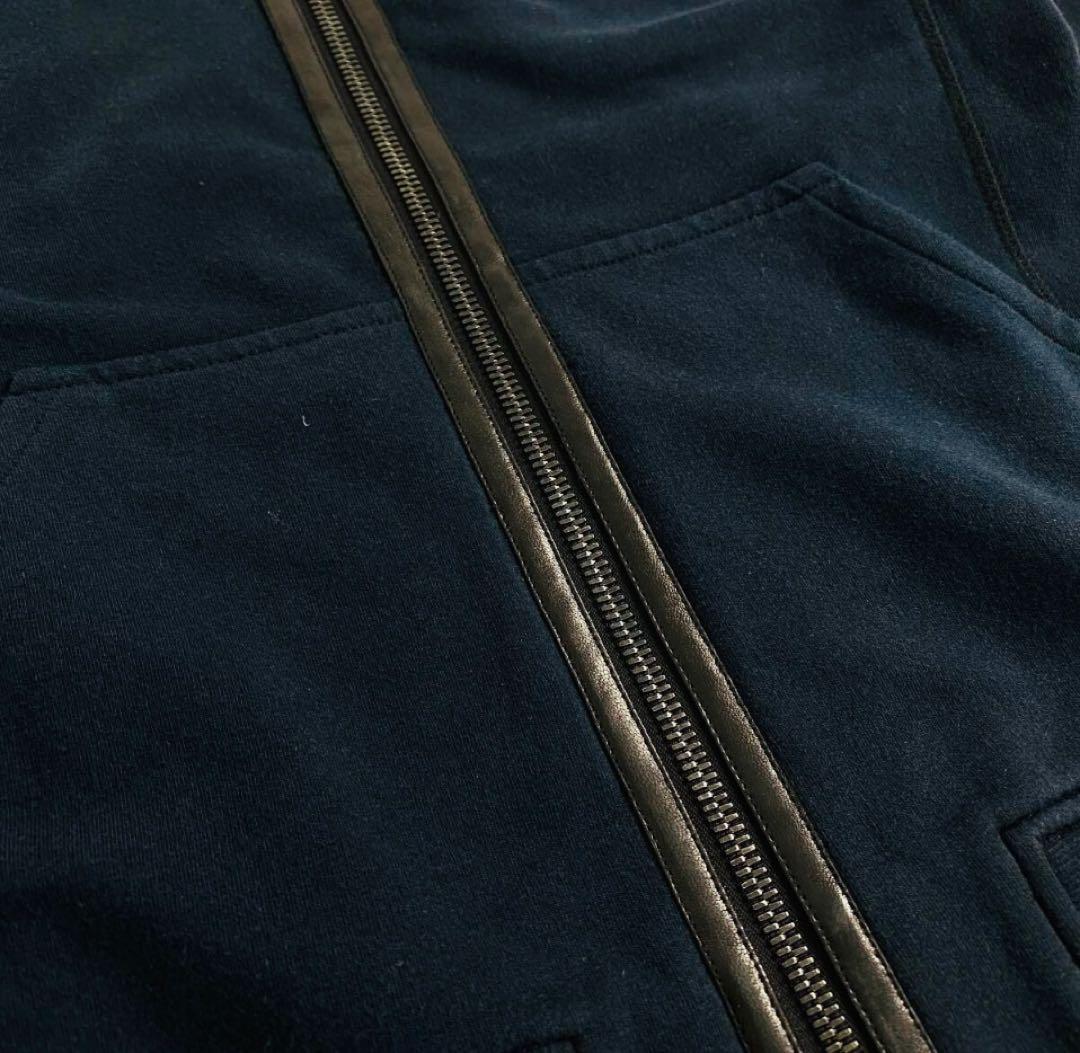 PRADA ネイビー ジップアップパーカー ロゴレザー 希少XS〜S