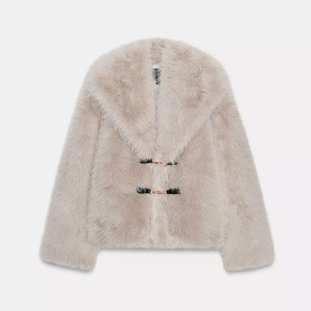 ZARA ショートフェイクファーコート トグルボタン Sサイズ パールグレー