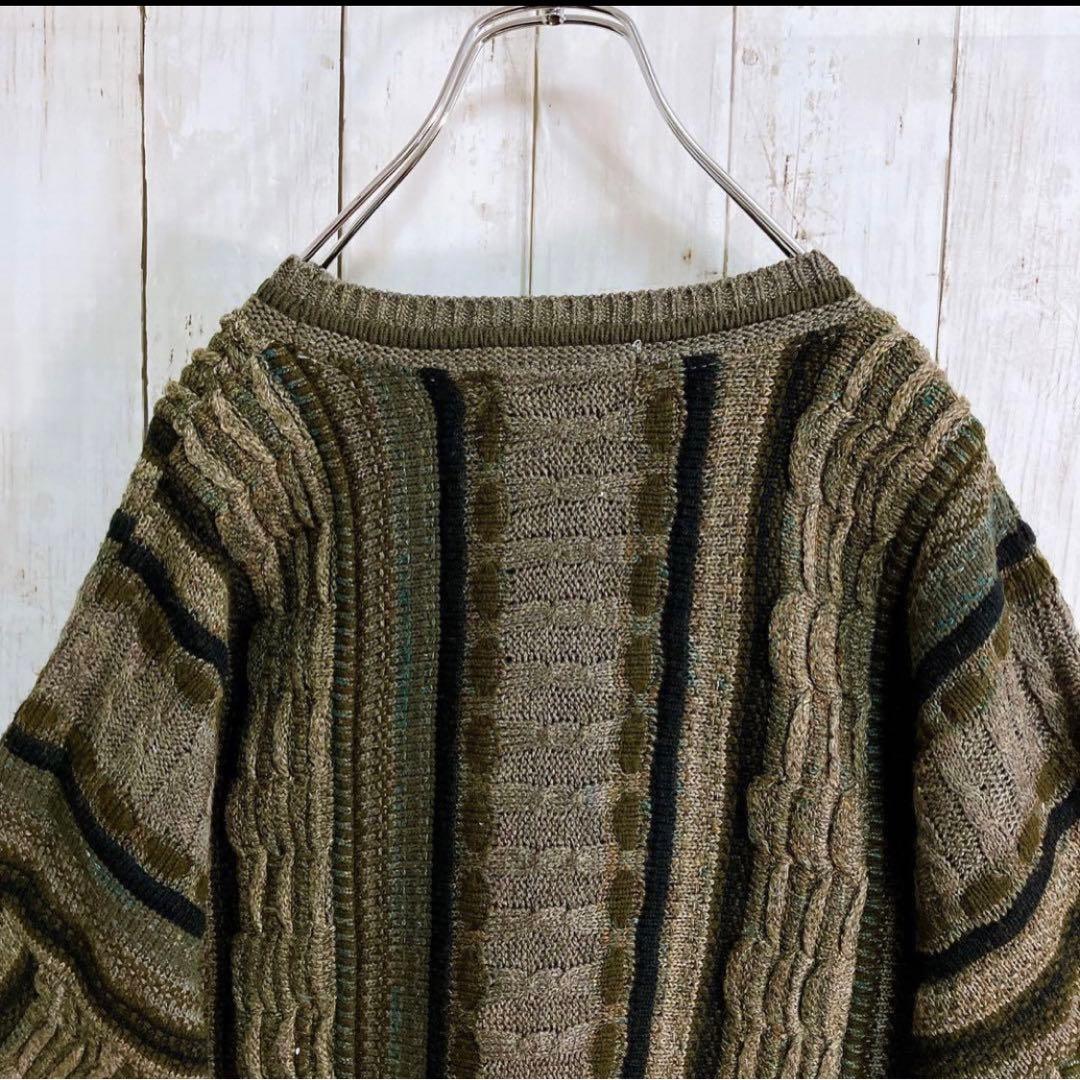 LAVANE USA製 アクリル 立体 総柄 3Dニット ダークグリーン系