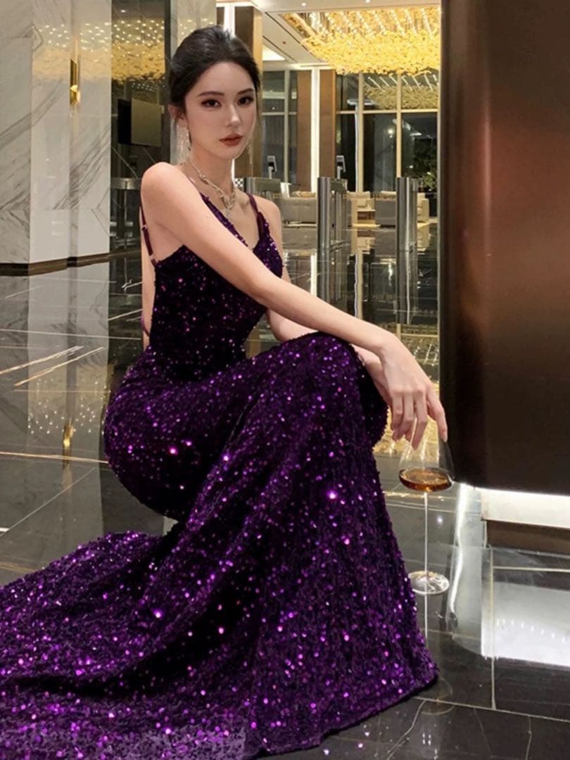 キラキラスパンコール✭背中開きロングドレス✭パーティー魅了エレガントセクシー