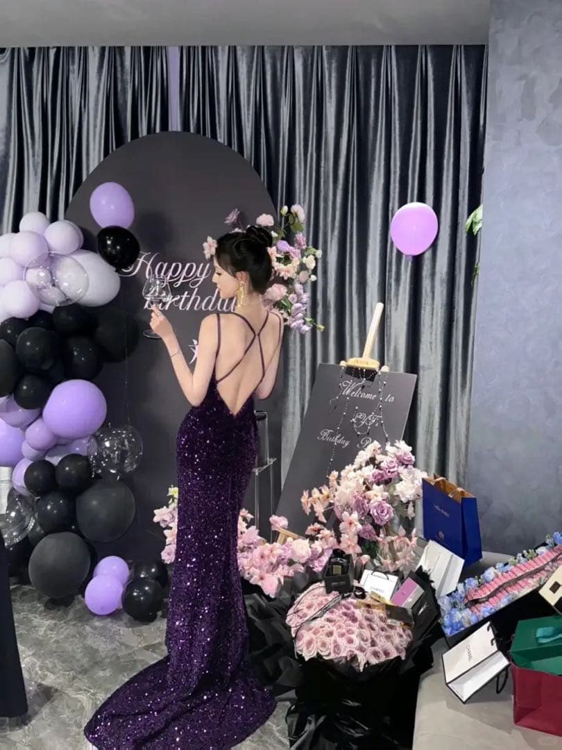 キラキラスパンコール✭背中開きロングドレス✭パーティー魅了エレガントセクシー