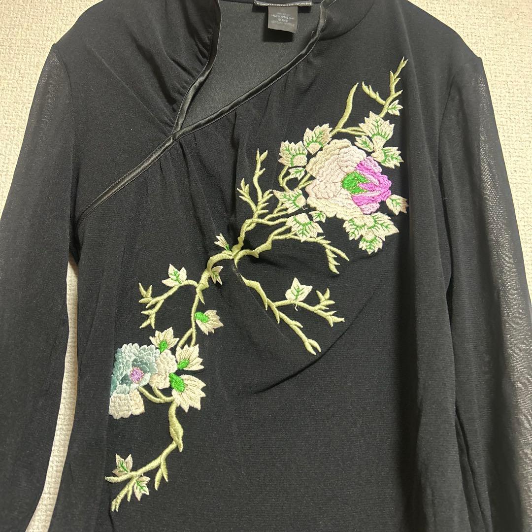 Vivienne Tam 花柄刺繍 シアーブラウス ブラック チャイナ風 長袖