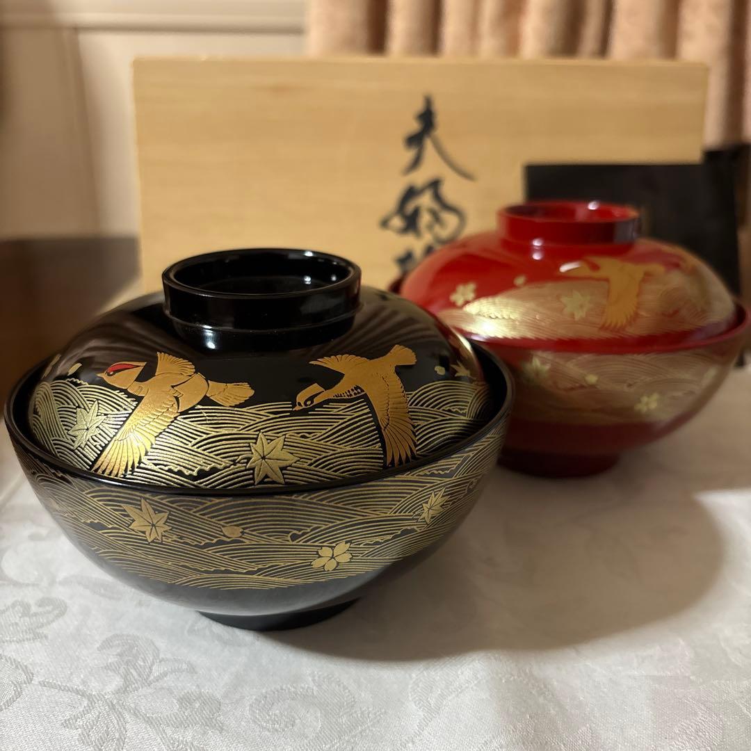 輪島塗 濱田屋 蓋付 椀 お椀 天野誠作 金彩 鶴　金蒔絵 木箱付 ペア 吸椀