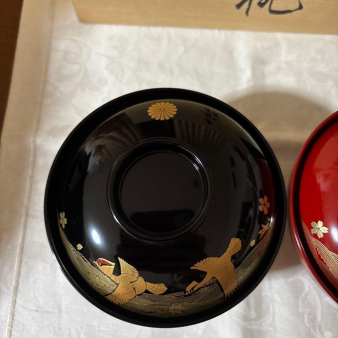 輪島塗 濱田屋 蓋付 椀 お椀 天野誠作 金彩 鶴　金蒔絵 木箱付 ペア 吸椀