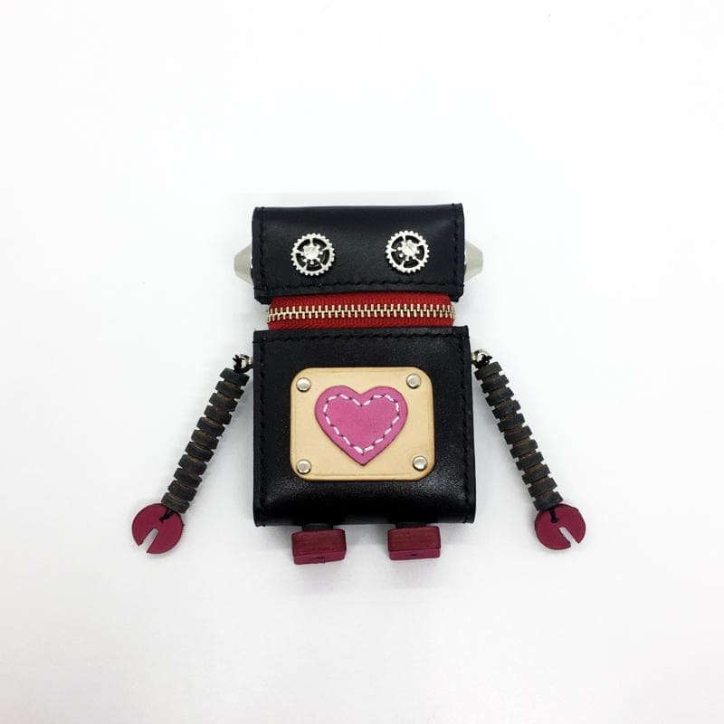 【本革】ロボット ミニレザーポーチ 小物入れ ブラック レッド ハンドメイド