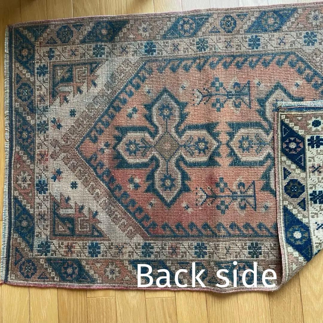 115×72cm ◇トルコヴィンテージラグ　ブラウン615　ブルー　幾何学模様